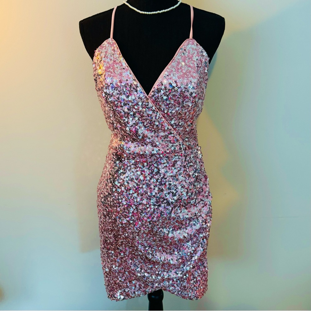 Miss Avenue | Pink Sequin Wrap Dress